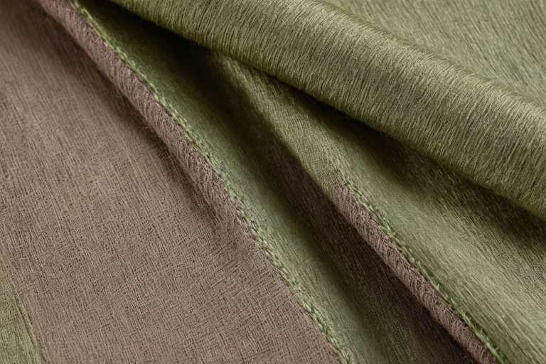 Layered furnishing fabrics in sand, clay, soot and olive tones with a sharp synthetic-coloured thread running through them