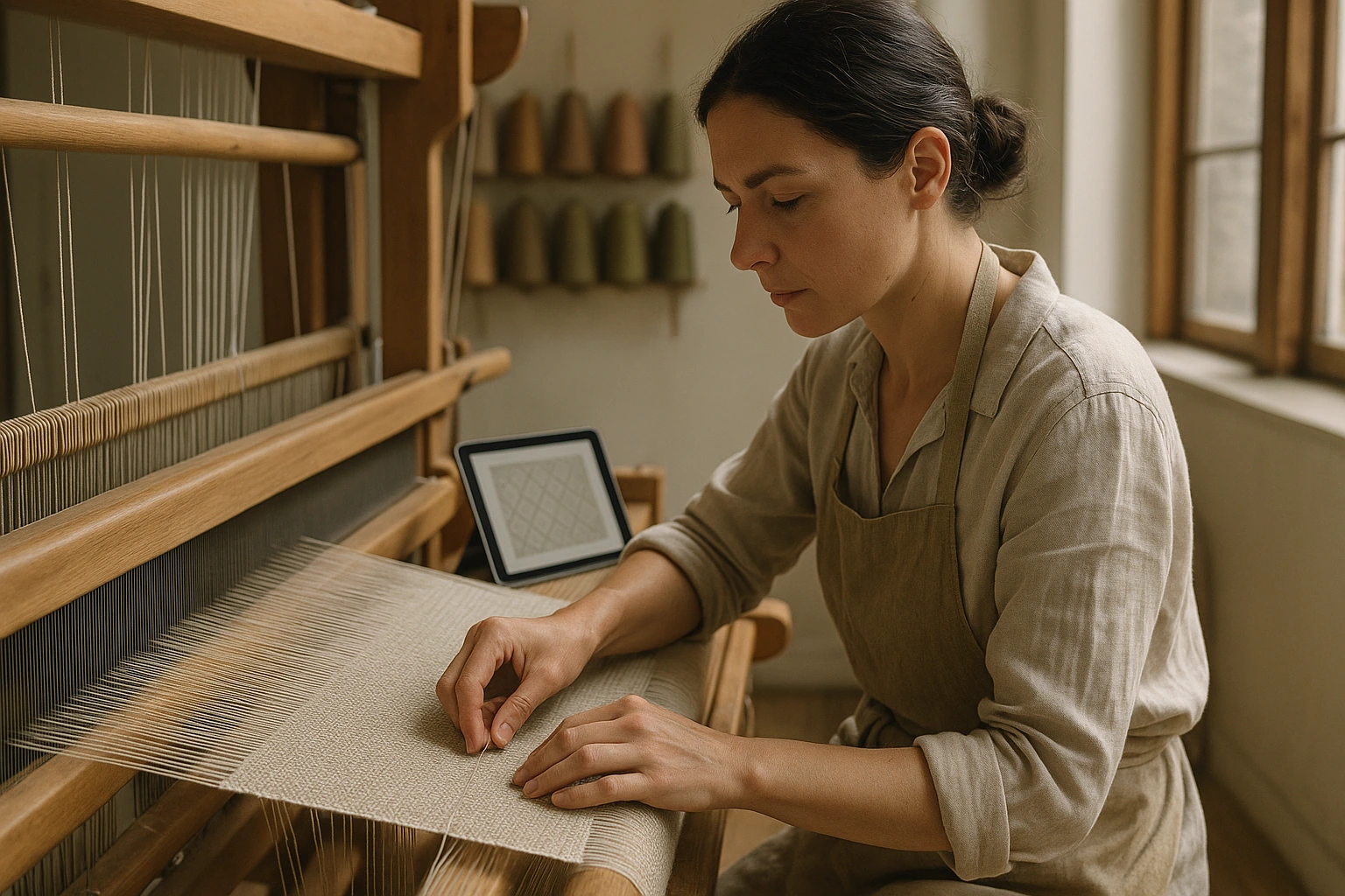 A weaver working by hand at a loom, finishing a woven pattern, with a tablet displaying the digital design beside her