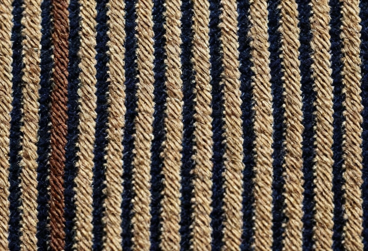 Macro view of a jacquard weave in earth tones carrying a pixelated, stepped motif with a bright synthetic-coloured accent thread