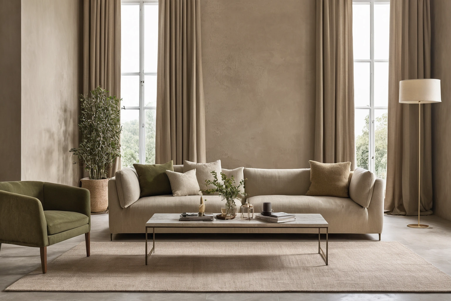 Living room with linen drapery and upholstery in clay, sand and olive tones, with a single accent cushion in a sharp synthetic colour